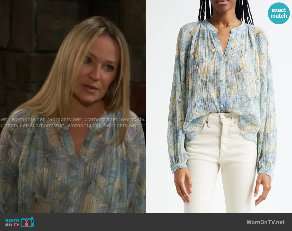 Veronica Beard Fennel Blouse in Powder Blue worn by Sharon Newman (Sharon Case) on The Young and the Restless