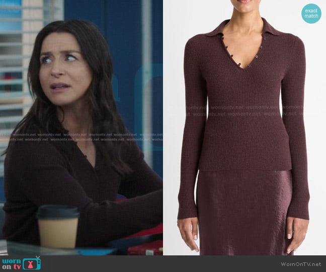 Vince Rib-Knit Cashmere-Silk Polo Shirt in Fig worn by Amelia Shepherd (Caterina Scorsone) on Greys Anatomy