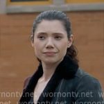 Violet’s navy shearling lined moto jacket on Chicago Fire