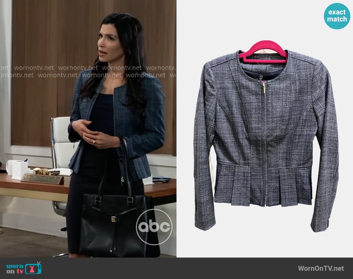 Justine’s blue peplum jacket on General Hospital Justine’s blue peplum jacket on General Hospital